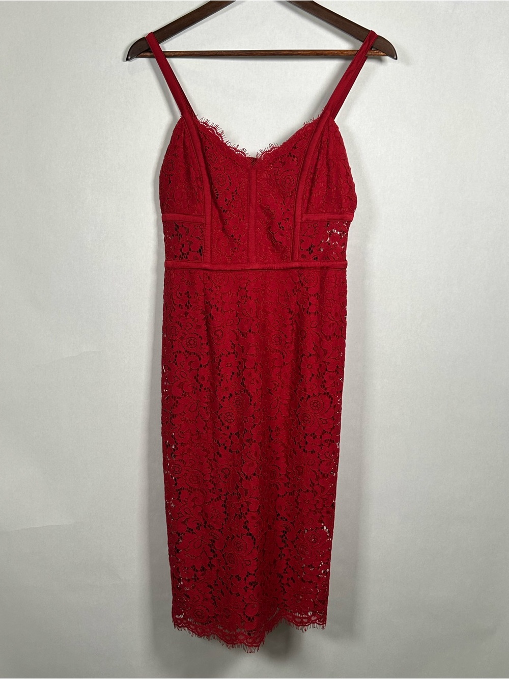 Express Red Lace Piped Corset Midi Sheath Dress.